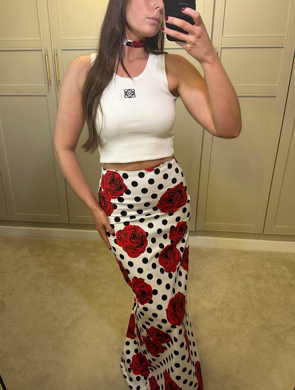 Polka Dot Rose Maxi Skirt ~ White