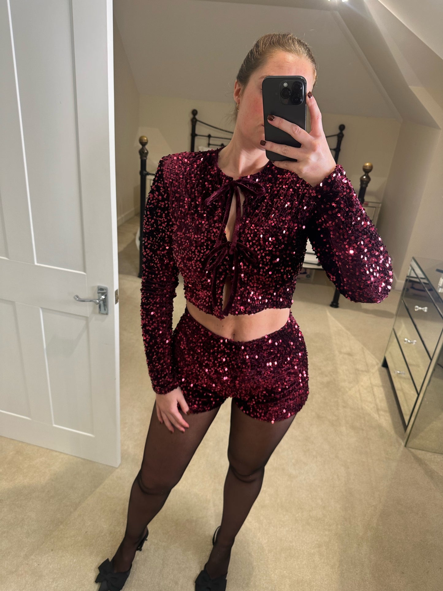 Sequin Tie Front Top ~ Burgundy