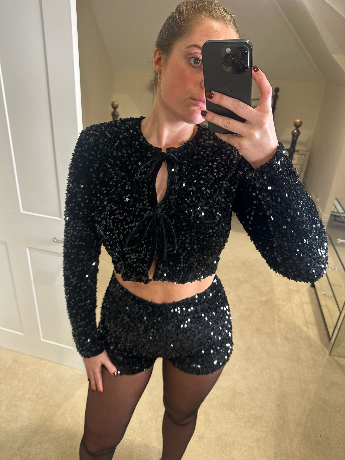 Sequin Tie Front Top ~ Black