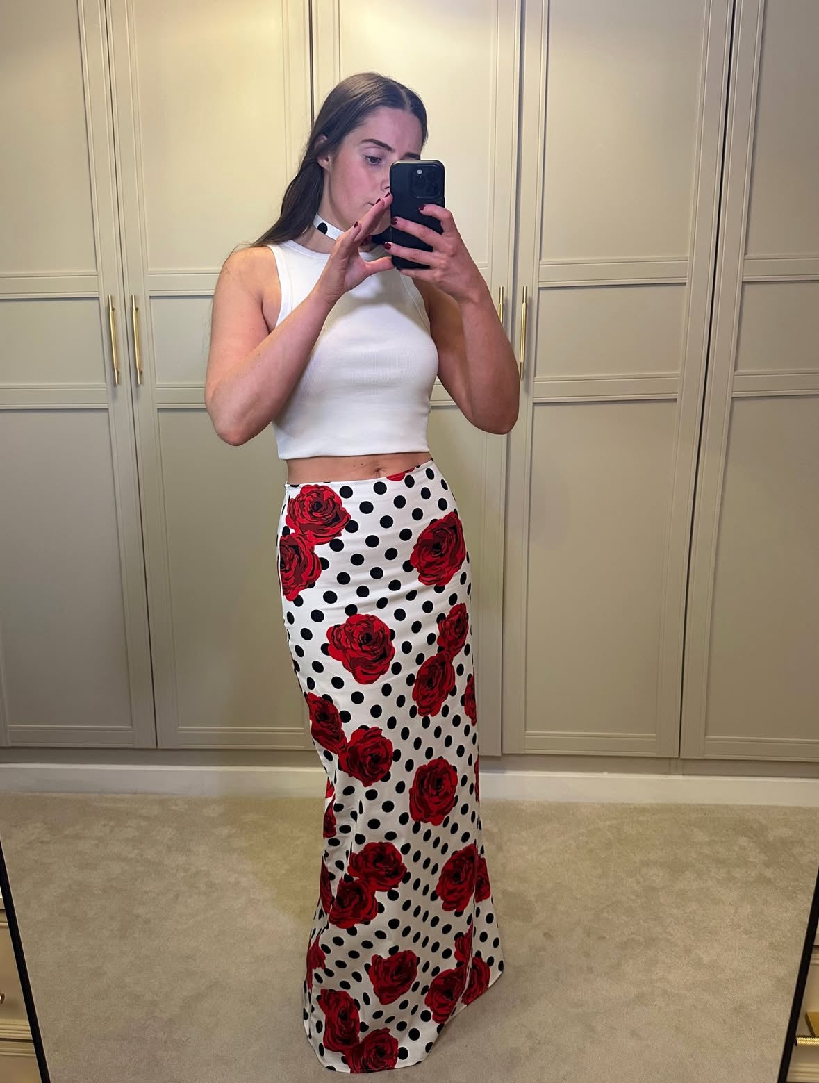 Polka Dot Rose Maxi Skirt ~ White