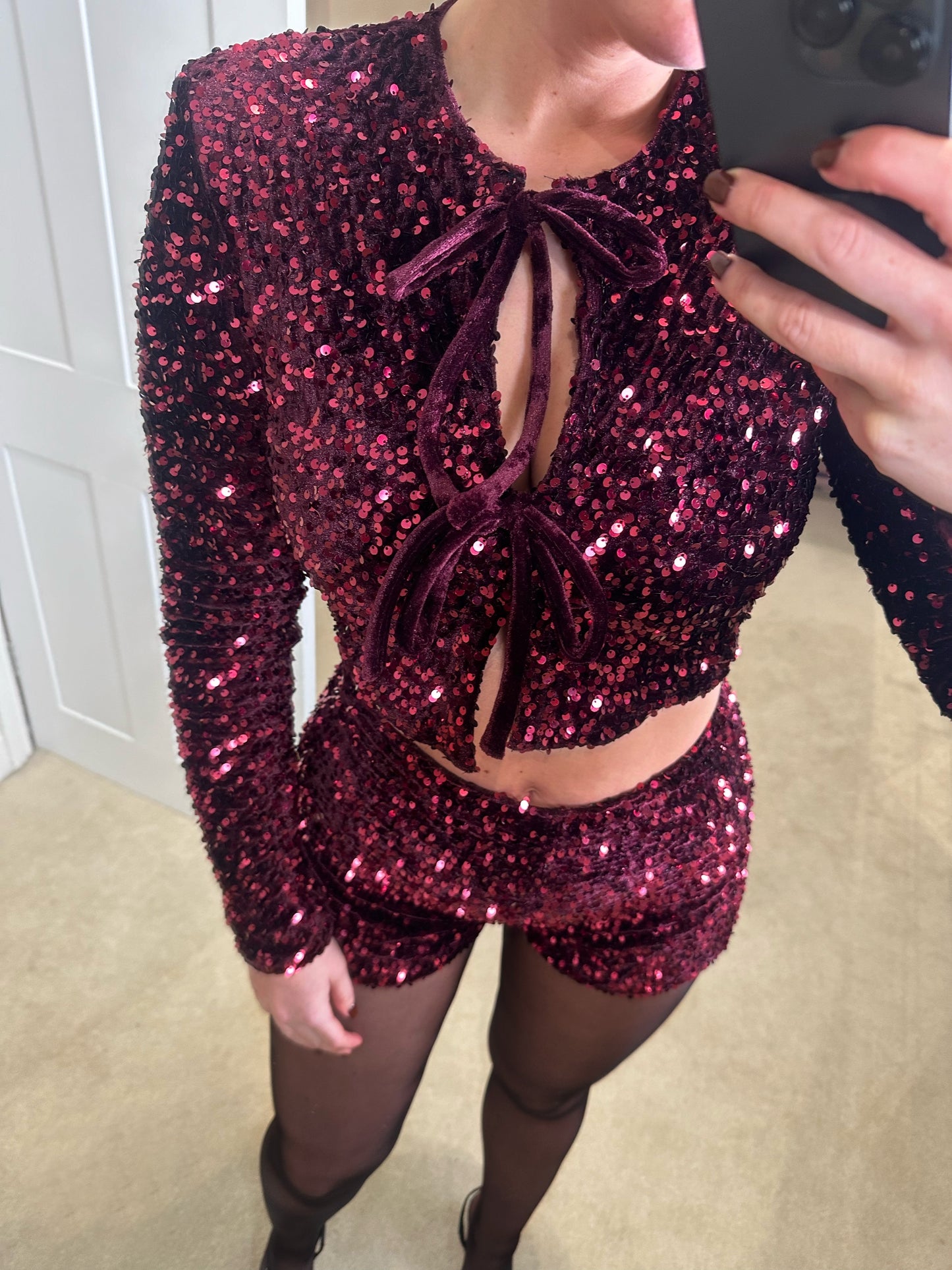 Sequin Tie Front Top ~ Burgundy