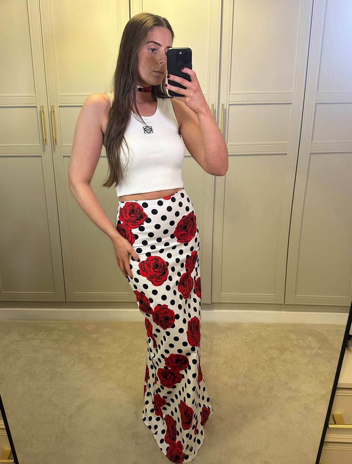 Polka Dot Rose Maxi Skirt ~ White